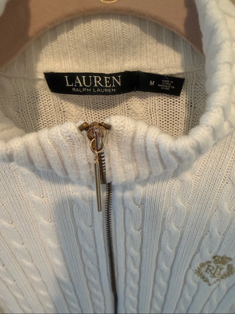 Vintage Lauren Ralph Lauren White Cable With Gold Crest Zip-Up Sweater - Picture 4 of 7